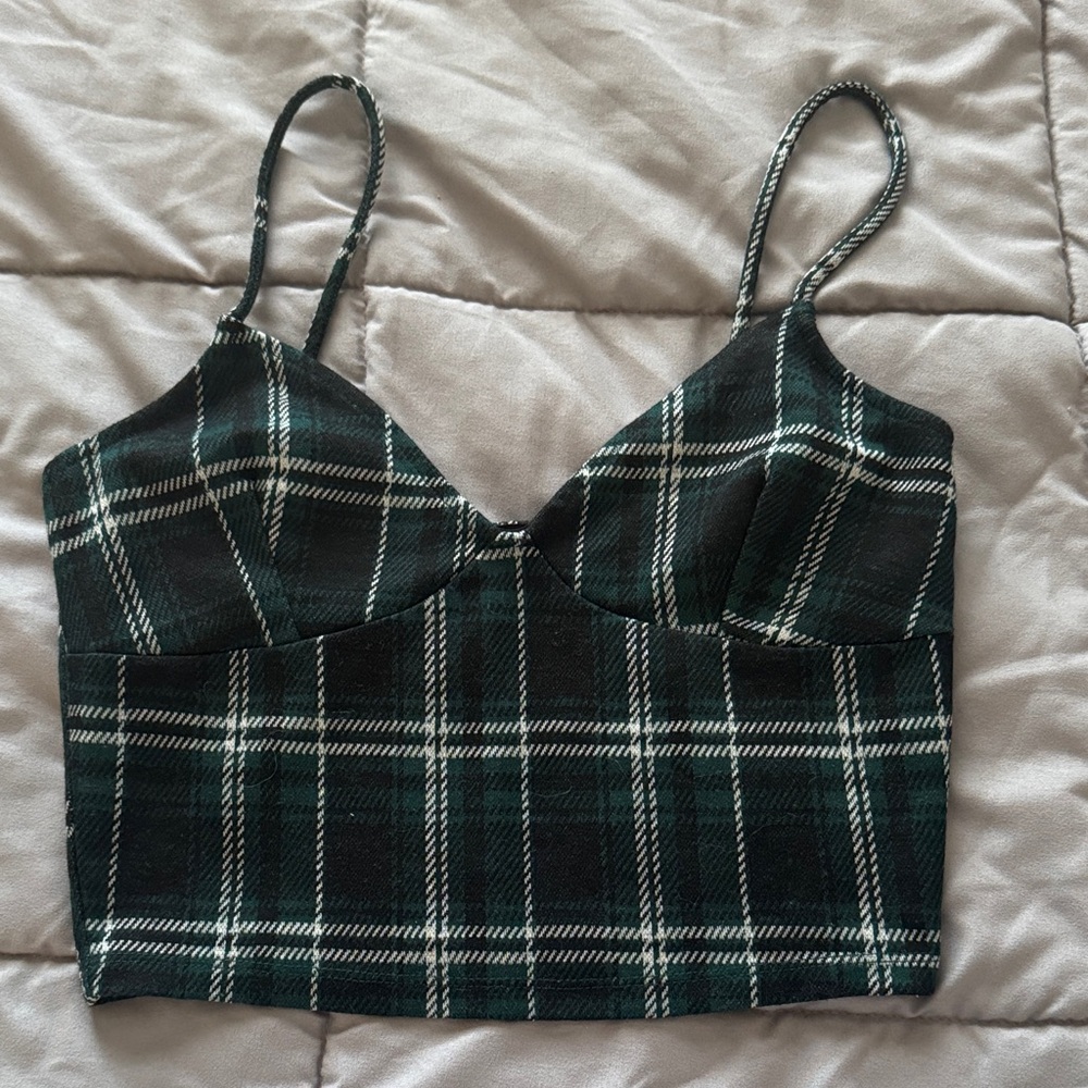 Liz & Sara Plaid Green Women's Crop Top (L)